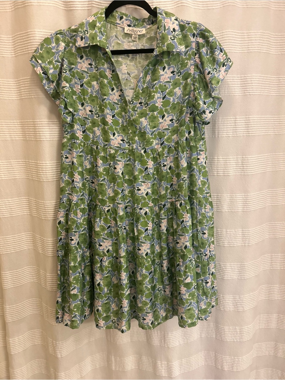 She + Sky Green and Blue Floral Tiered Shirt Dress